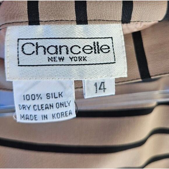 Vintage Blazer Skirt Set Womens 14 Tan Silk Black Striped Jacket Top Retro 80s - Picture 6 of 13